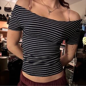 navy blue and white striped off the shoulder fitted top